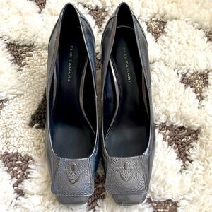 ELIE TAHARI METALLIC LEATHER KITTEN HEEL